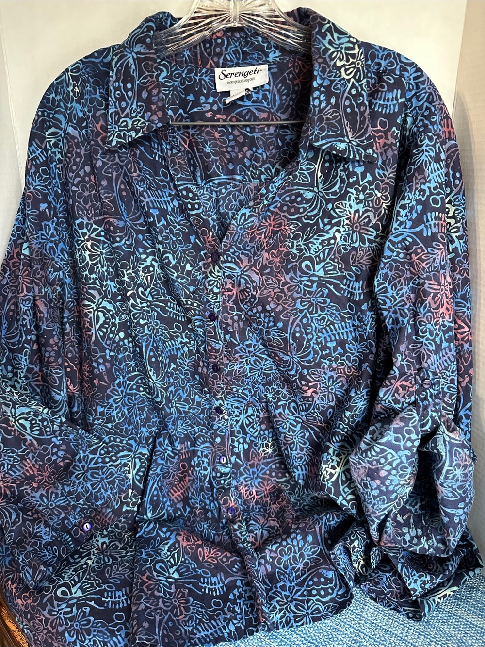 Serengeti Navy Blue Floral Cotton Blouse with Pink & Light Blue Accents